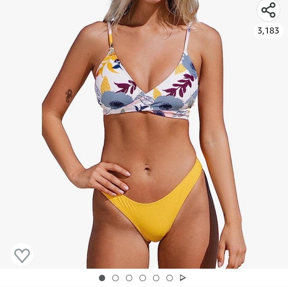 NWT Cupshe Floral Wrap Bikini Top and Yellow Bottoms.  Size Medium